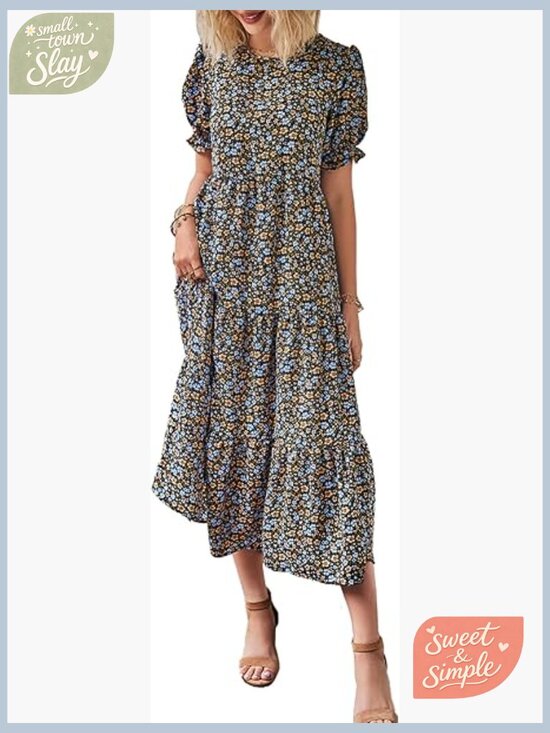 Dresses & Skirts - Summer Floral Midi Sun Dress Puff Short Sleeve Flowy Beach Vacation